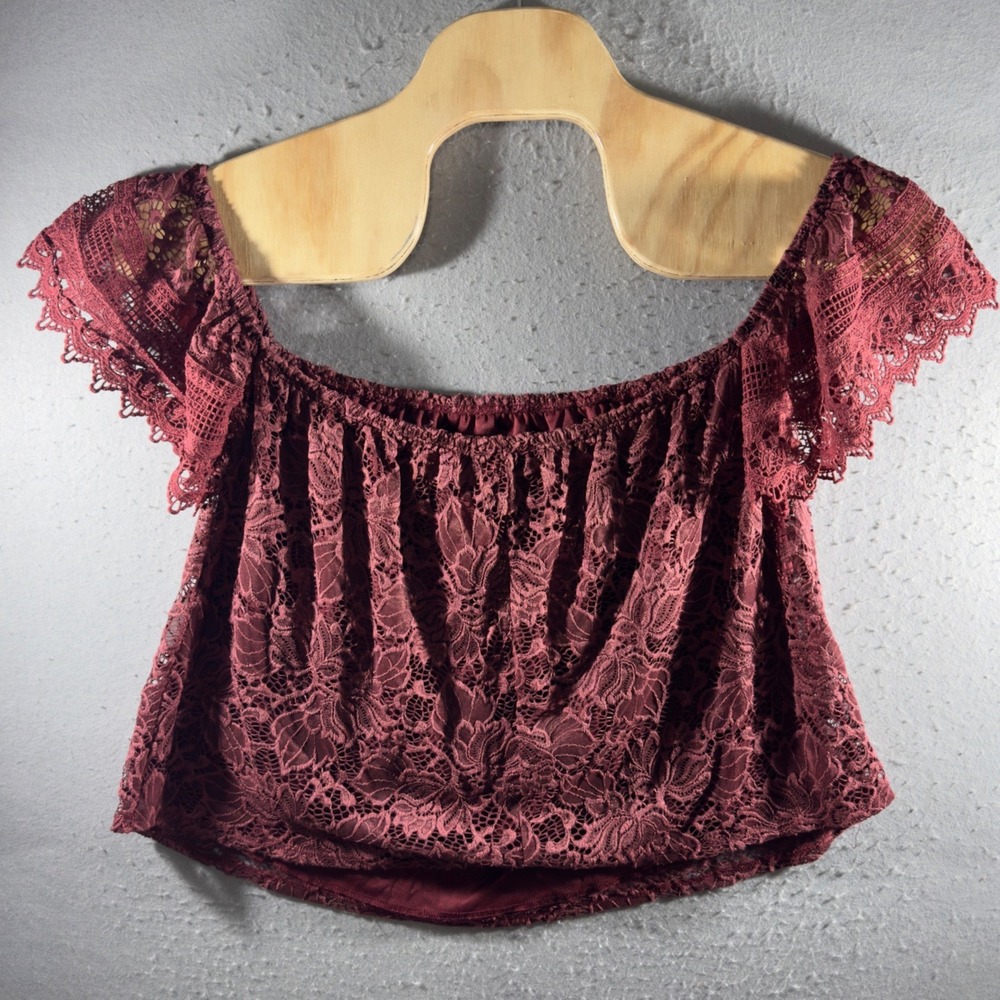 3231 | Burgundy Floral Lace Off Shoulder Crop Top Romantic Coquette Women 1X